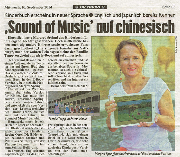 Kronen Zeitung 2014: Chinesische Ausgabe des Kinderbuchs "Die singende Familie" von Margret Springl vorgestellt.