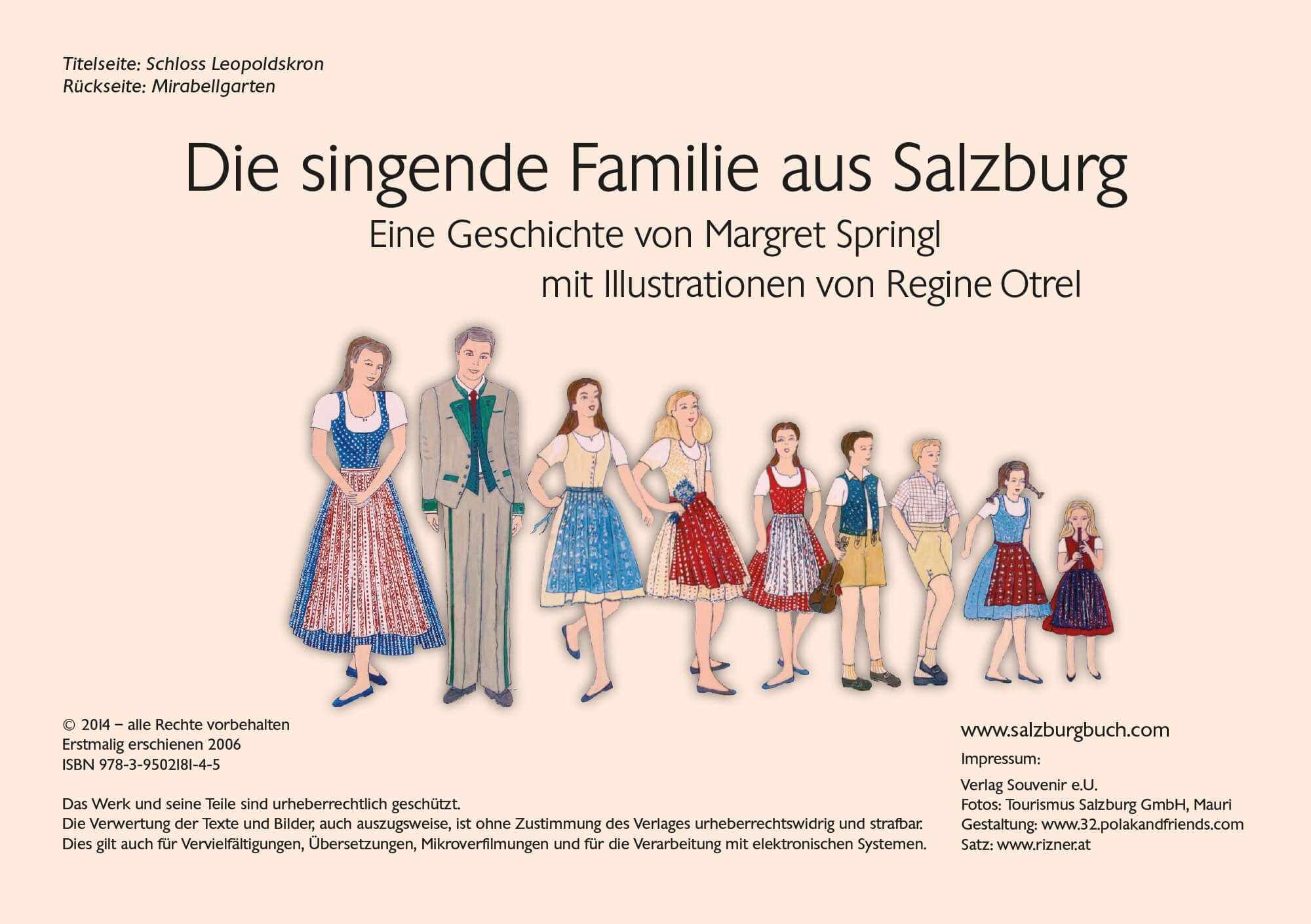 Illustration der Trapp-Familie in Salzburger Tracht auf dem Kinderbuch „Die singende Familie aus Salzburg“ von Margret Springl.