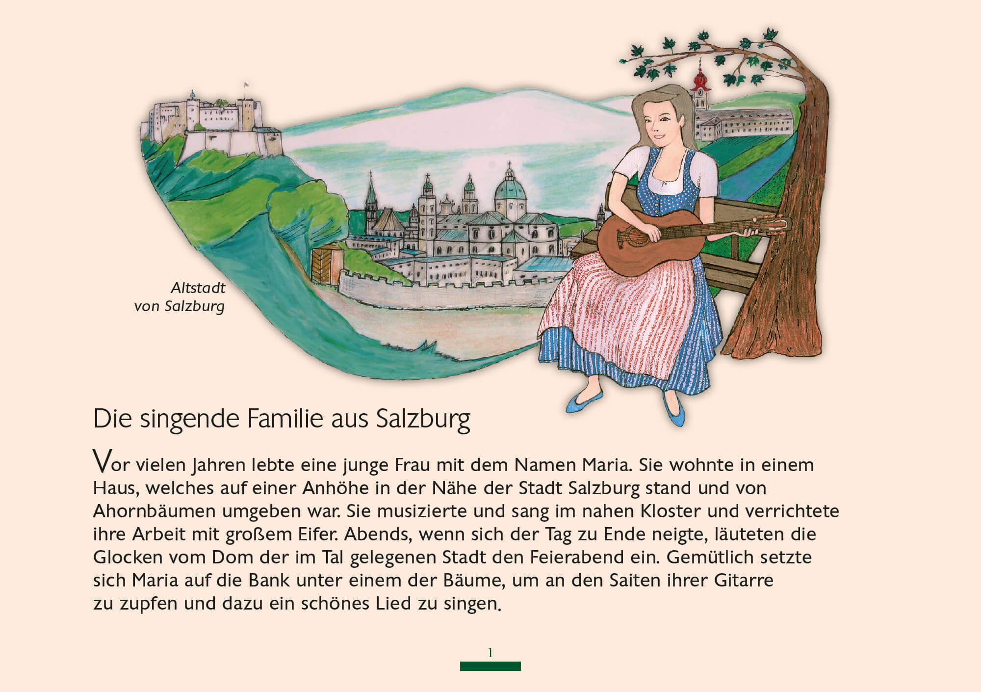Maria mit Gitarre vor Salzburgs Altstadt und der Festung Hohensalzburg auf einer Buchseite mit Textbeginn.