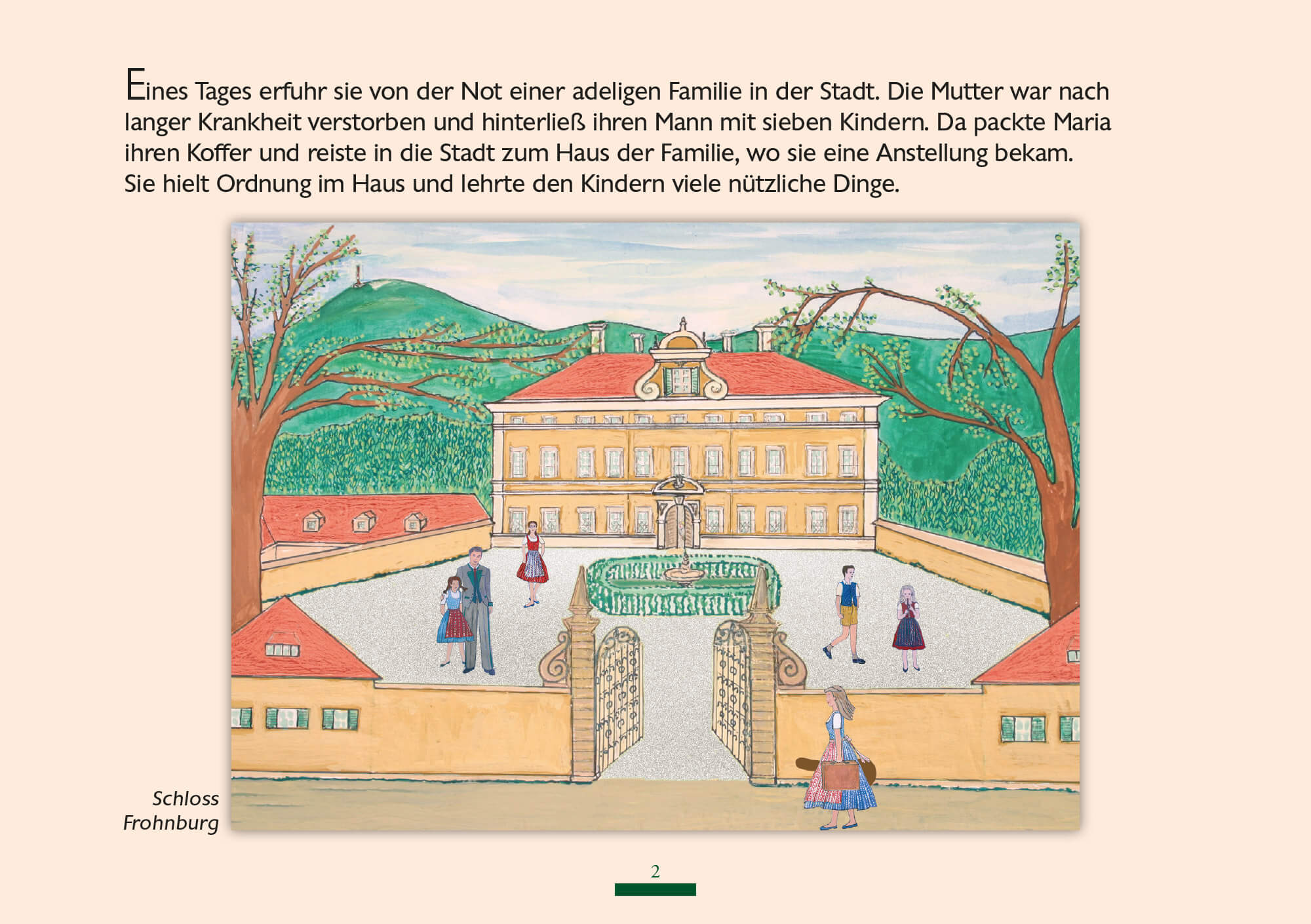 Maria kommt mit Koffer am Schloss Frohnburg an und trifft die Trapp-Kinder, aus dem Kinderbuch „Die singende Familie aus Salzburg“.