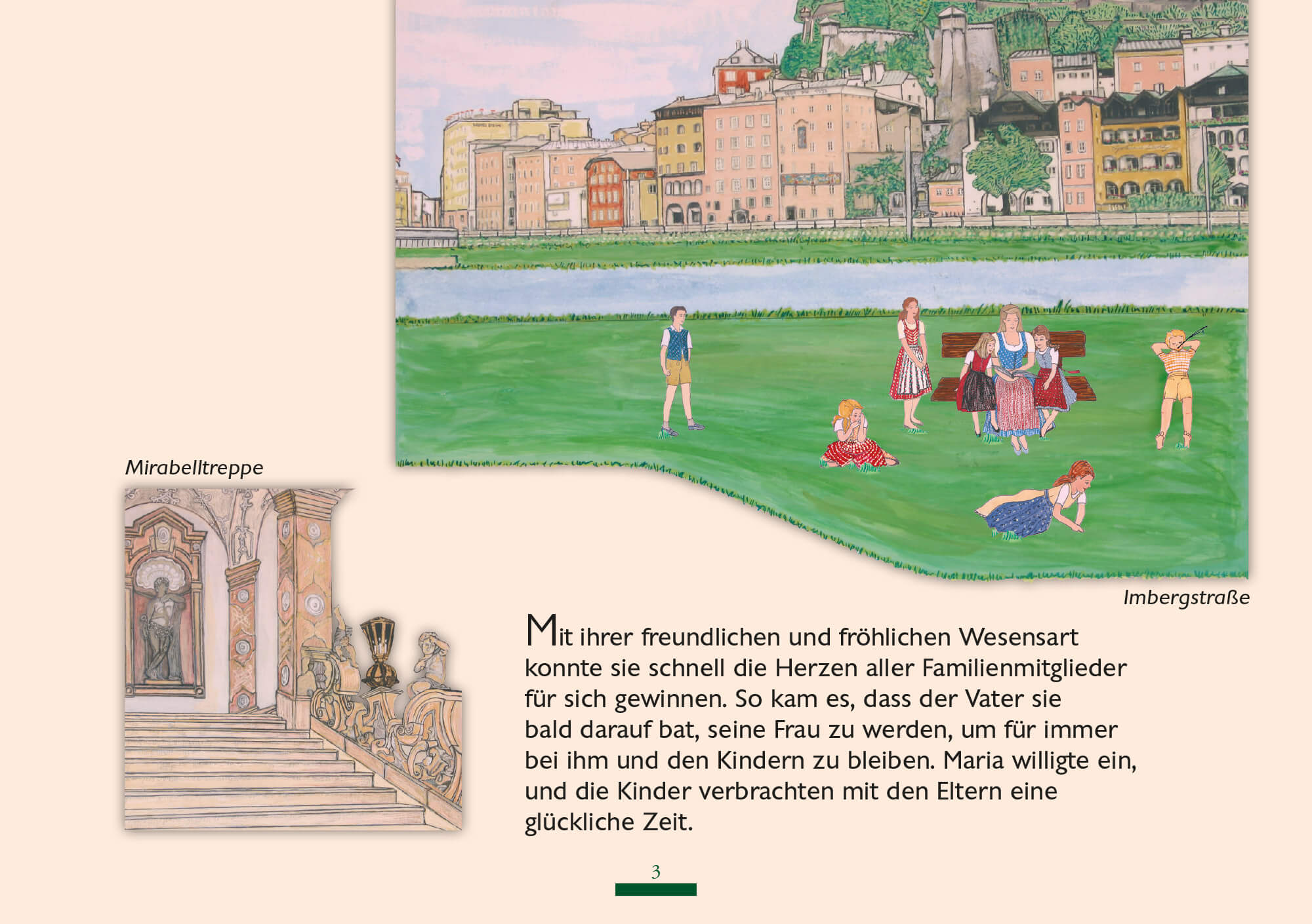 Die Trapp-Kinder spielen auf einer Wiese an der Imbergstraße, mit Blick auf Salzburgs Altstadt und die Festung Hohensalzburg.
