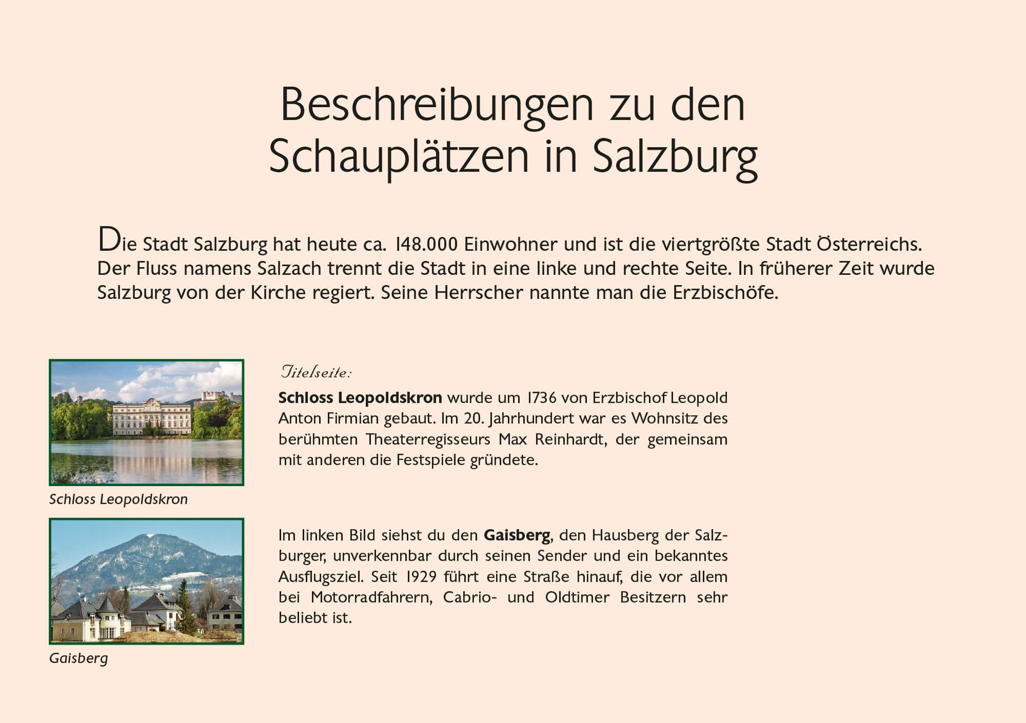 Schloss Leopoldskron und Gaisberg auf einer Buchseite über Salzburg-Schauplätze im Kinderbuch „Die singende Familie aus Salzburg“.