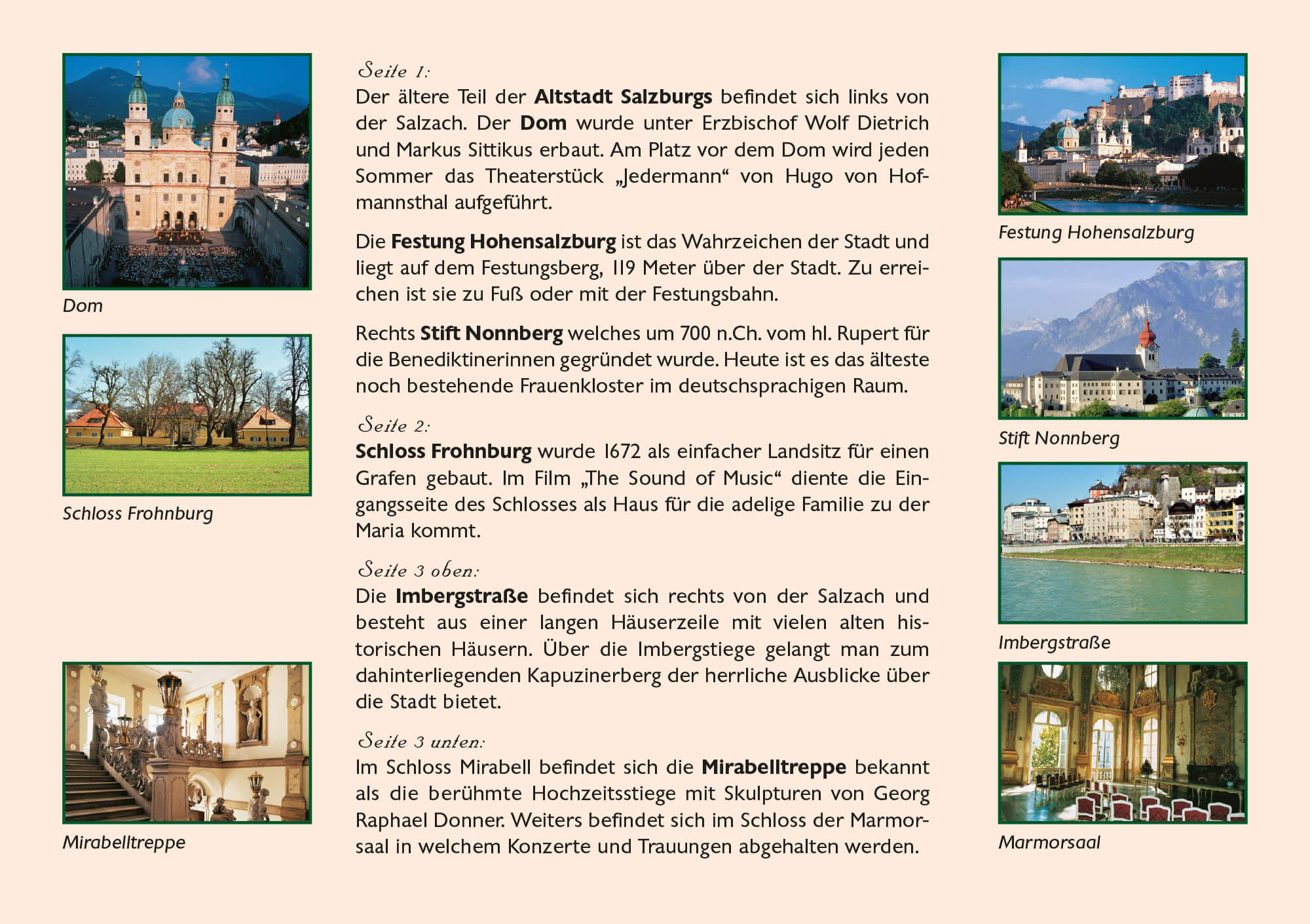 Salzburger Drehorte aus dem Kinderbuch „Die singende Familie aus Salzburg“: Dom, Hohensalzburg, Schloss Frohnburg.