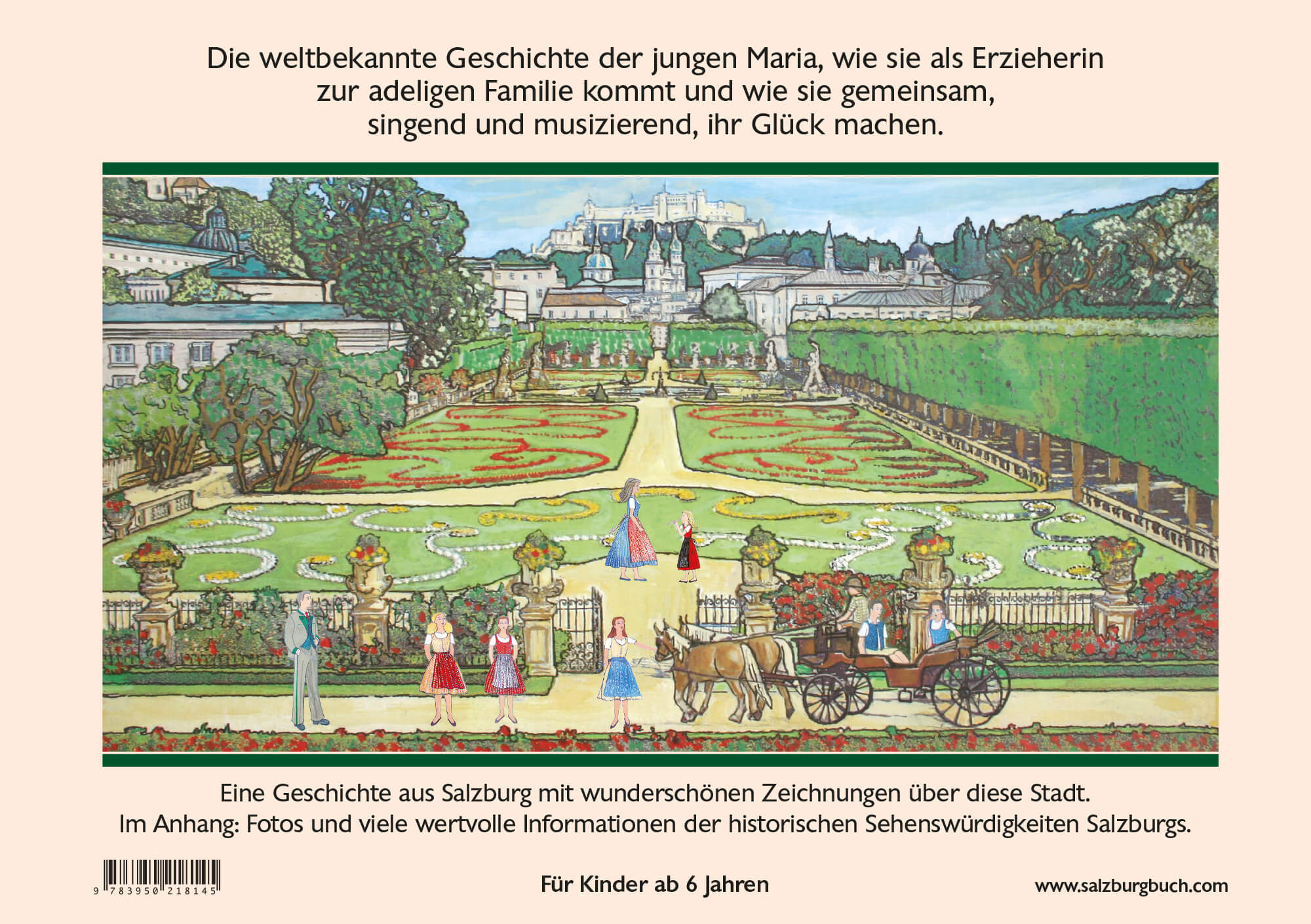 Buchrückseite: Mirabellgarten mit der singenden Familie und Festung Hohensalzburg, Kinderbuch von Margret Springl.